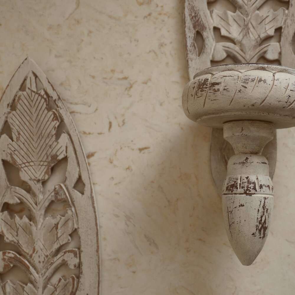 Carved wooden wall mount candle holder / Set of 2